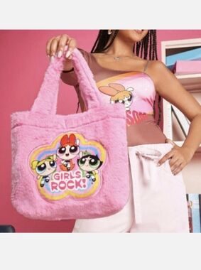 Powerpuff Girls x SHEIN Pink Fluffy Tote Bag Girls Rock Plush Handbag